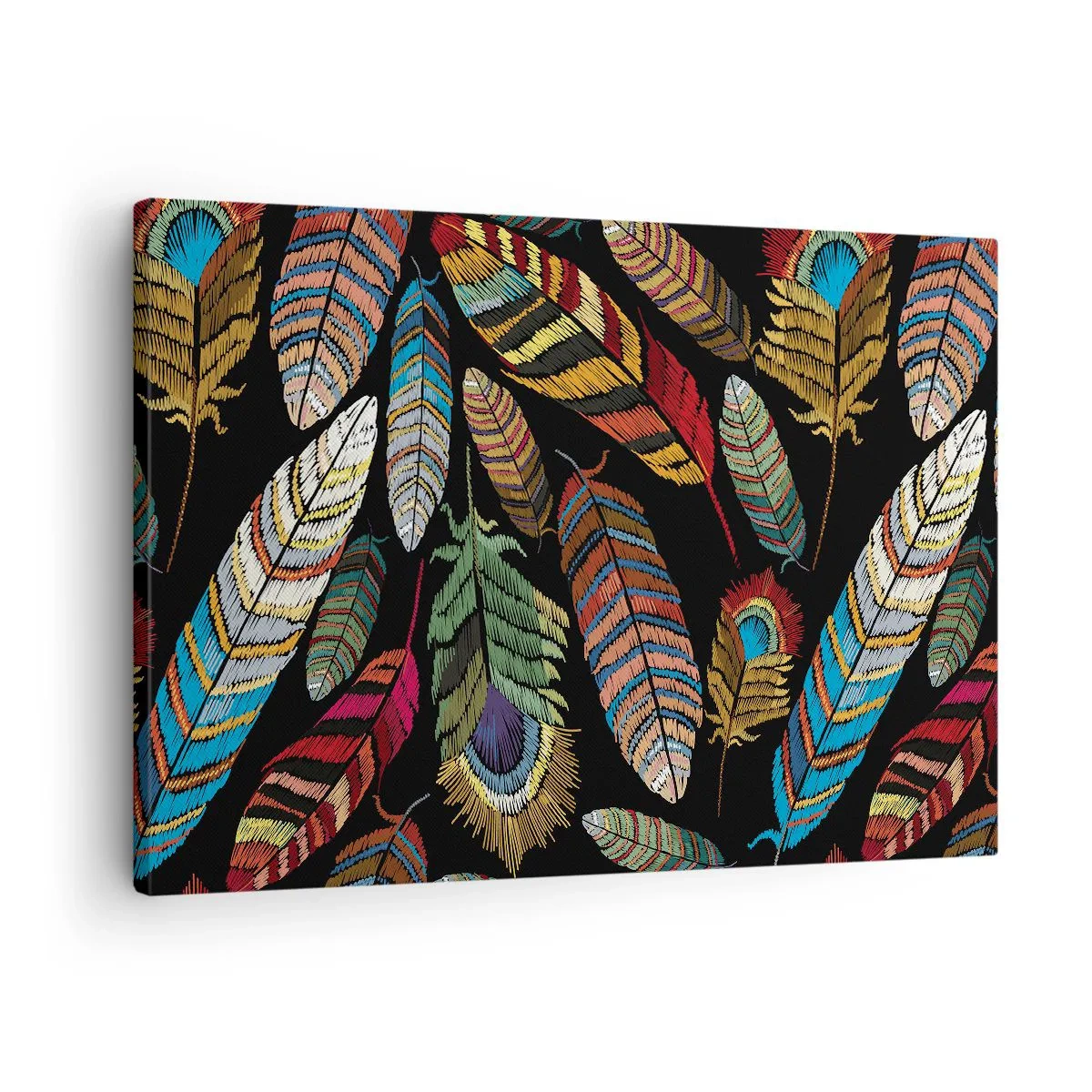Tablou pe pânză Canvas - Pene colorate pe fundal negru - 70x50cm - Carnavalul păsărilor - Decorațiune modernă pentru perete pentru living și dormitor ARTTOR
