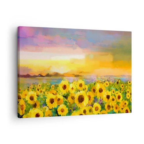 Tablou pe pânză Canvas - Un câmp de floarea-soarelui în lumina soarelui care apune - 70x50cm - Soarele însuși a coborât pe pământ - Decorațiune modernă pentru perete pentru living și dormitor ARTTOR