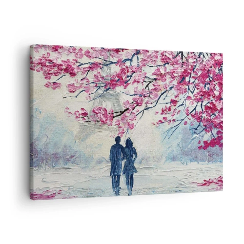 Tablou pe pânză Canvas - Un cuplu sub copaci roz înfloriți într-un cadru romantic - 70x50cm - Plimbare romantică - Decorațiune modernă pentru perete pentru living și dormitor ARTTOR