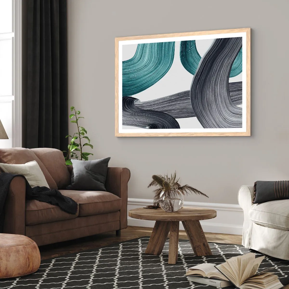 Poster în ramă de stejar deschis - Trasee de smarald și negru - 100x70 cm