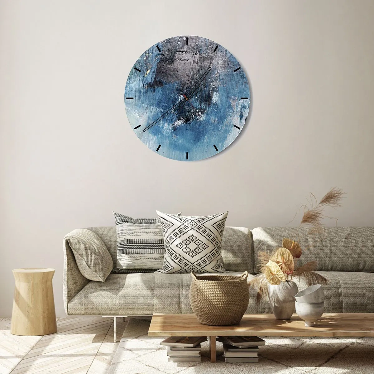 Ceas de perete - Ceas pe sticlă - Textură abstractă în nuanțe de albastru - 30x30cm - Rapsodie albastră - Decorațiune modernă pentru perete pentru living, bucătărie și dormitor ARTTOR