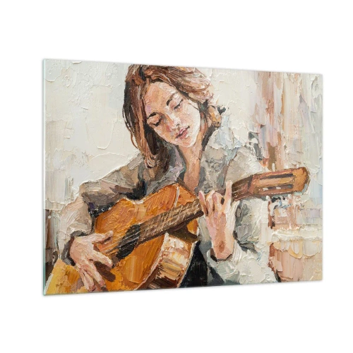 Tablou pe sticlă - O fată cântând la chitară într-un stil impresionist - 70x50cm - Concert pentru chitară și inima unei fete - Decorațiune modernă pentru perete pentru living și dormitor ARTTOR