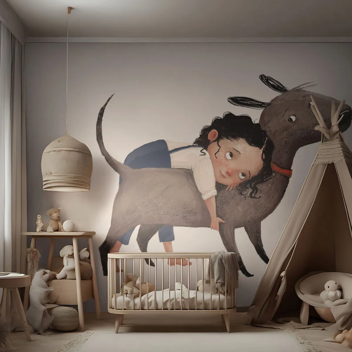 Tapet Standard Eco - O fată îmbrățișând un câine mare într-un stil ilustrativ. - 100x70cm - Cei mai buni prieteni - Decorațiune modernă pentru perete pentru living și dormitor ARTTOR