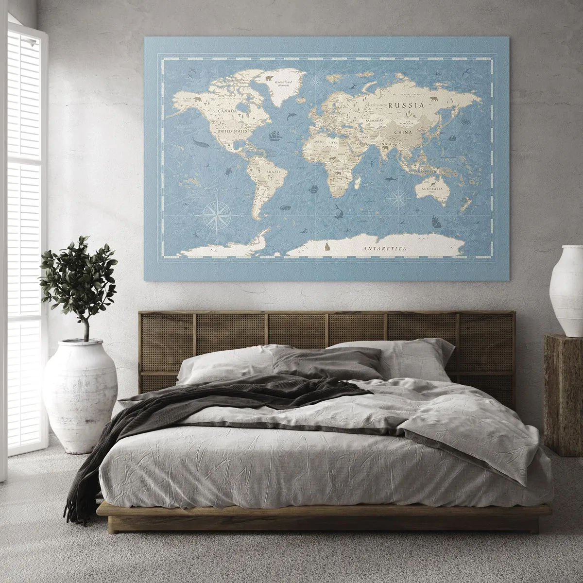 Tablou pe sticlă - Hartă a lumii stilizată pe fundal albastru - 70x50cm - Lumea la îndemână - Decorațiune modernă pentru perete pentru living și dormitor ARTTOR