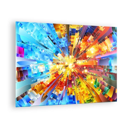 Tablou pe sticlă - O explozie abstractă de culoare într-o compoziție dinamică, geometrică. - 70x50cm - In medias res - Decorațiune modernă pentru perete pentru living și dormitor ARTTOR