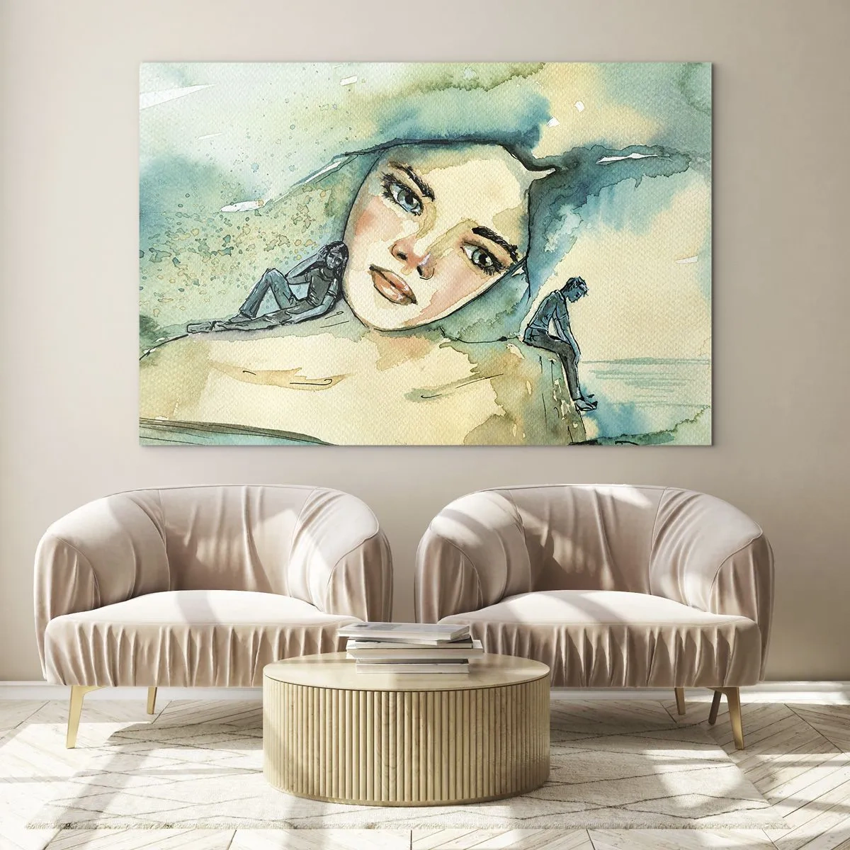Tablou pe sticlă - Portret de femeie în stil acuarelă cu siluete de figuri - 70x50cm - Am I blue? - Decorațiune modernă pentru perete pentru living și dormitor ARTTOR