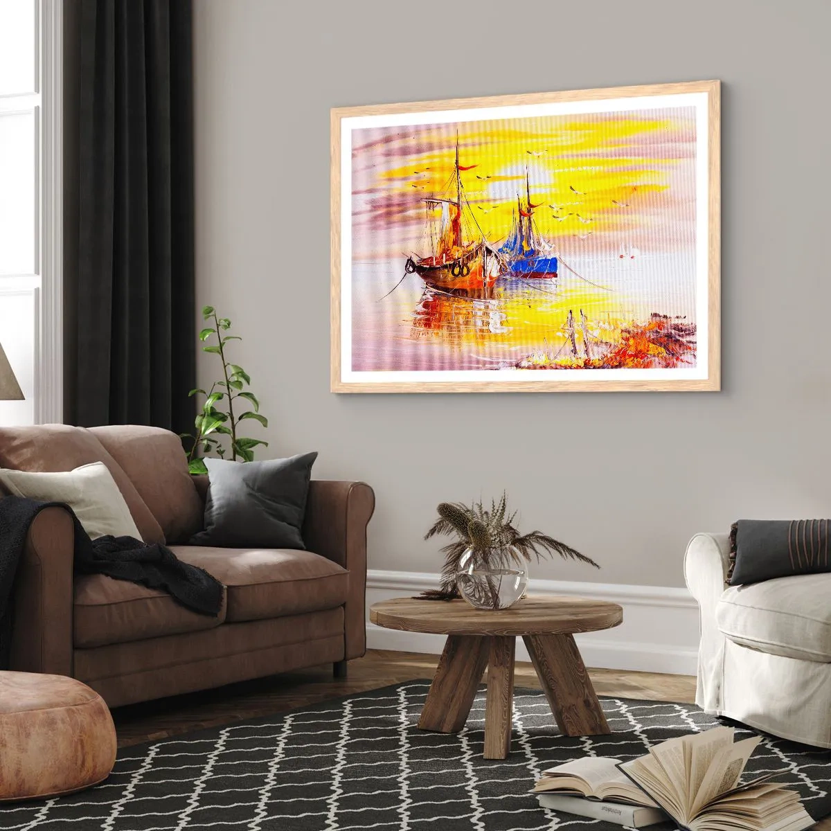 Poster în ramă de stejar deschis - O binemeritată odihnă în port - 40x30 cm