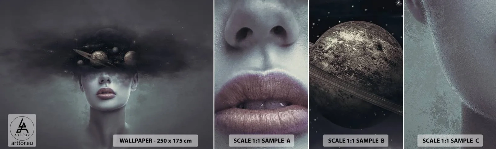 Mostră de Tapet Standard Eco - Și planetele o iau razna... - Abstracția, Chipul de femeie, Cosmos - 100x30 cm