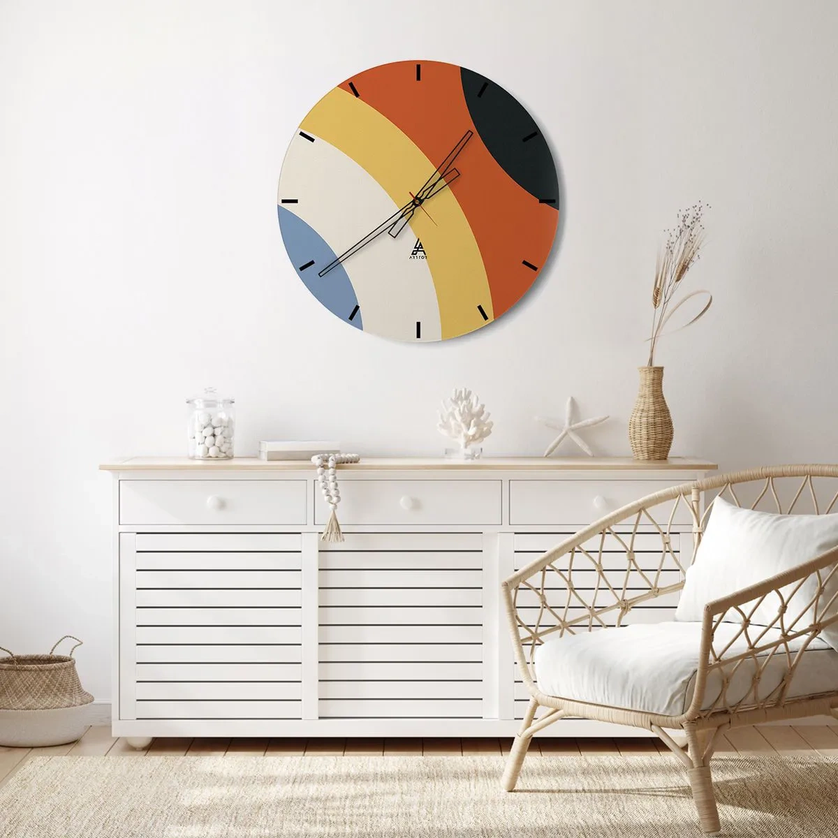 Ceas de perete - Ceas pe sticlă - Arcuri geometrice în nuanțe de portocaliu, bej și albastru - 30x30cm - Spre sine - Decorațiune modernă pentru perete pentru living, bucătărie și dormitor ARTTOR