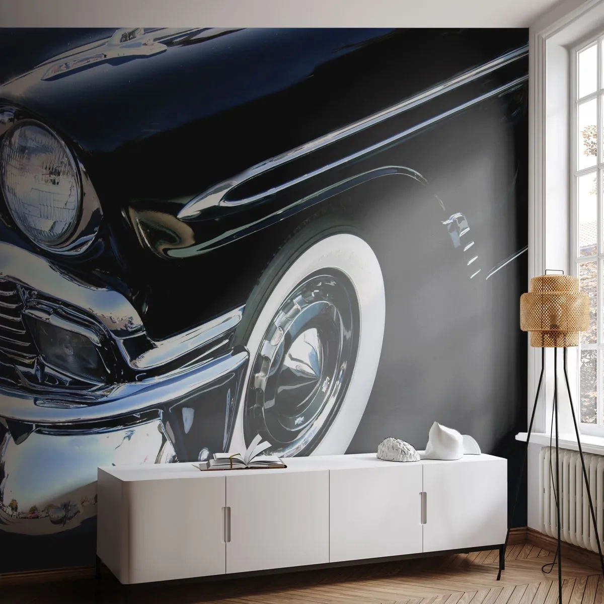 Tapet Premium Canvas - Clasicul în argintiu, negru și alb - Automobile, Mașină, alb și negru - 250x175 cm