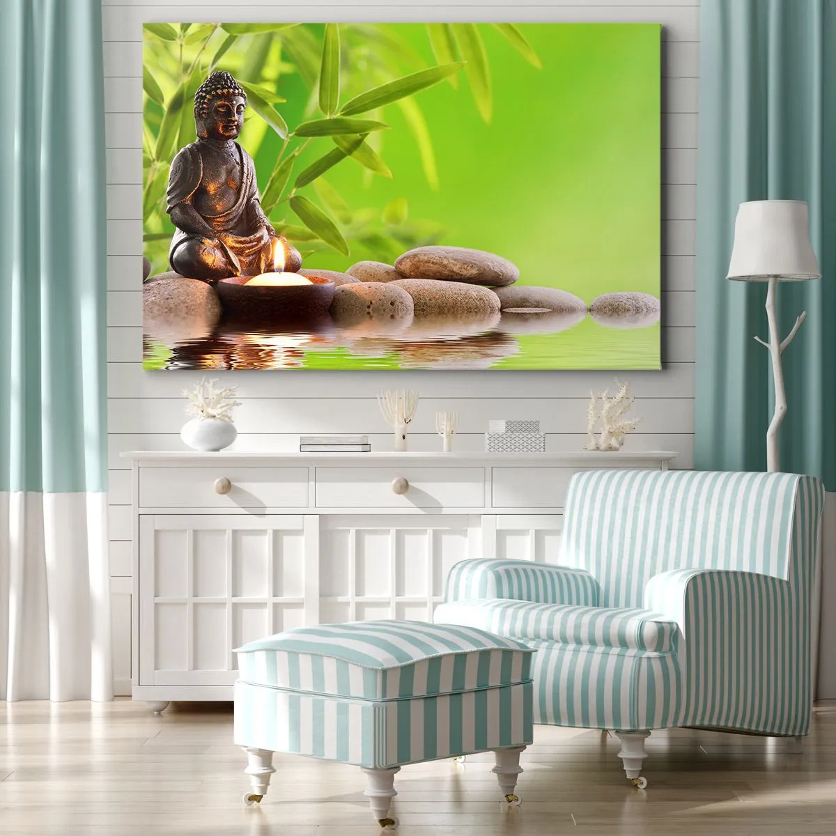 Tablou pe pânză Canvas - Figură de Buddha cu pietre și o lumânare pe un fundal de bambus - 70x50cm - Viața este frumoasă - Decorațiune modernă pentru perete pentru living și dormitor ARTTOR