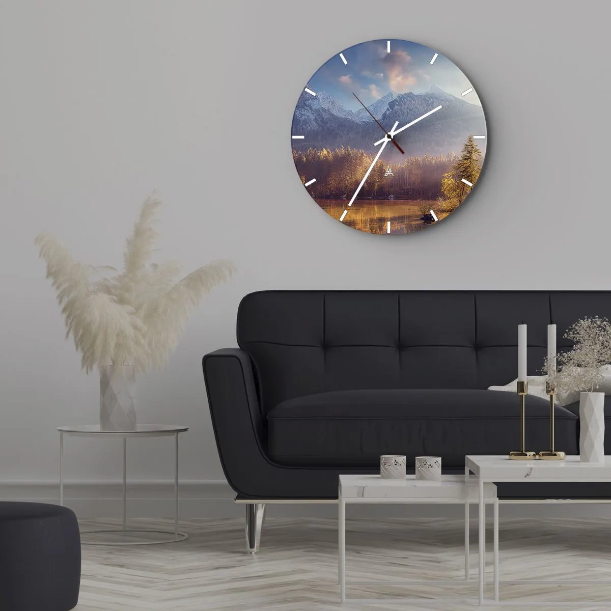 Ceas de perete - Ceas pe sticlă - Peisaj montan la apus cu reflecție în lac - 30x30cm - La munte și la deal - Decorațiune modernă pentru perete pentru living, bucătărie și dormitor ARTTOR