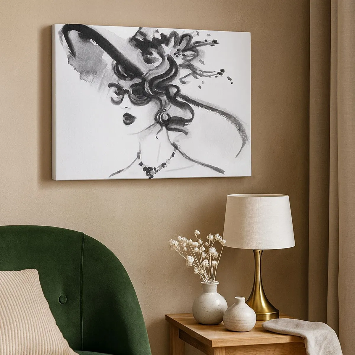 Tablou pe pânză Canvas - Femeie elegantă cu o pălărie în stil alb-negru - 70x50cm - Dama cu caracter - Decorațiune modernă pentru perete pentru living și dormitor ARTTOR