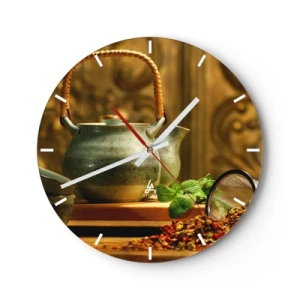Ceas de perete - Ceas pe sticlă - Ceainic verde cu frunze proaspete de mentă - 30x30cm - Un tratat despre consumul de ceai - Decorațiune modernă pentru perete pentru living, bucătărie și dormitor ARTTOR