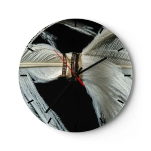 Ceas de perete - Ceas pe sticlă - Verighete de aur așezate pe pene albe pe fundal negru - 30x30cm - ...și nu te voi părăsi.. - Decorațiune modernă pentru perete pentru living, bucătărie și dormitor ARTTOR