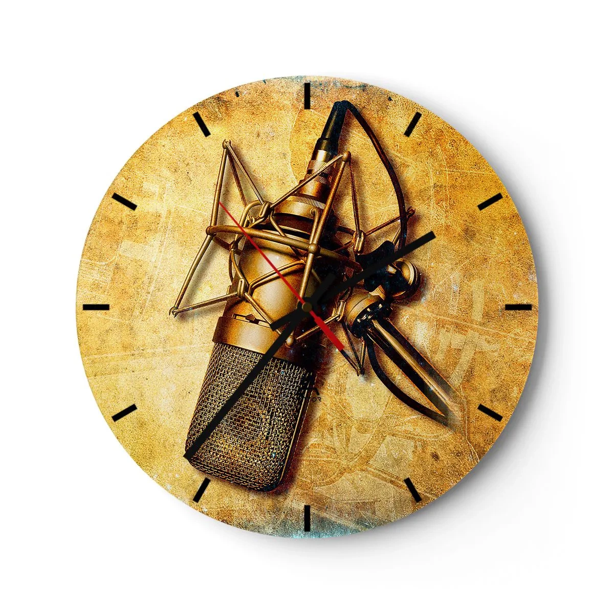 Ceas de perete - Ceas pe sticlă - Un motiv de microfon de studio pe un fundal auriu - 30x30cm - Anii de aur ai radioului - Decorațiune modernă pentru perete pentru living, bucătărie și dormitor ARTTOR