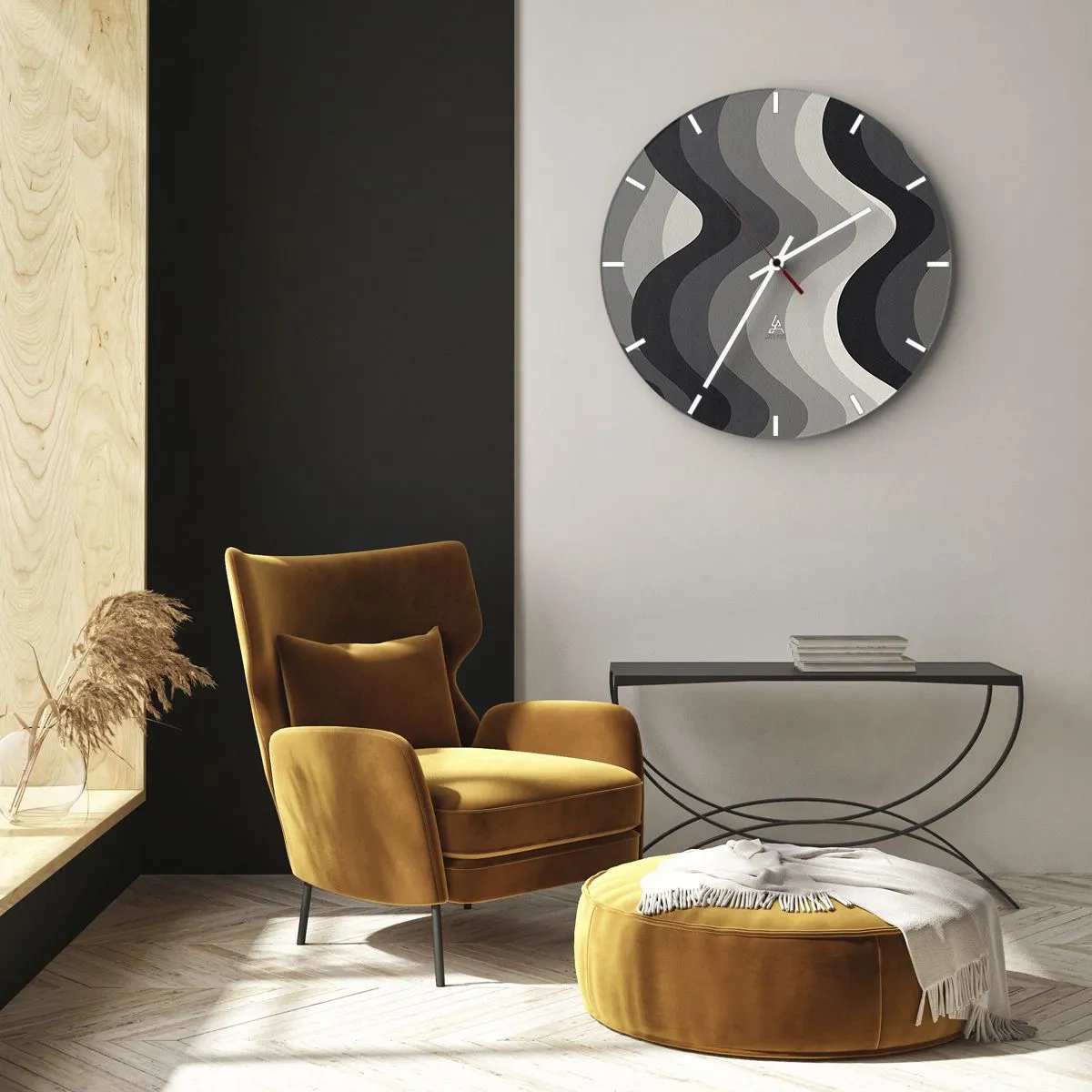Ceas de perete - Ceas pe sticlă - Dungi ondulate în nuanțe de gri și negru în aspectul grafic - 30x30cm - Val după val - Decorațiune modernă pentru perete pentru living, bucătărie și dormitor ARTTOR