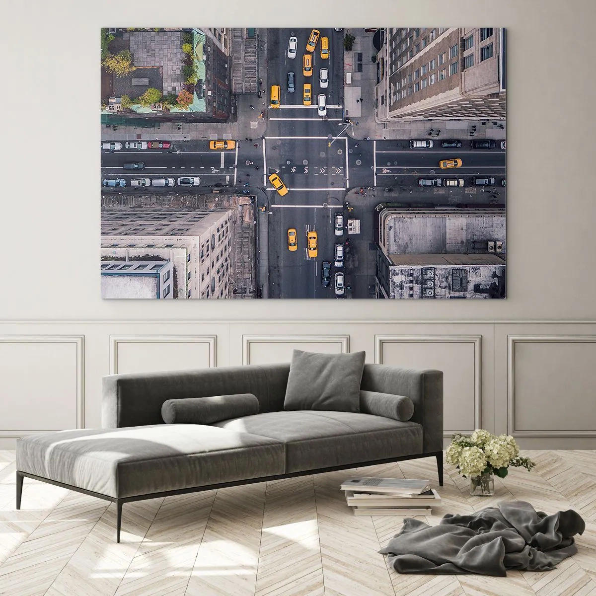 Tablou pe sticlă - Vedere aeriană a unei intersecții aglomerate din oraș - 70x50cm - O alegere simplă - Decorațiune modernă pentru perete pentru living și dormitor ARTTOR