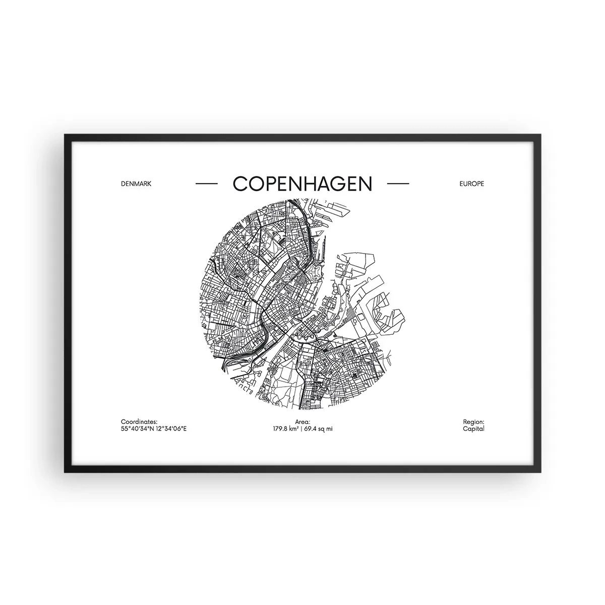Poster în ramă neagră - Anatomia Copenhagăi - 100x70 cm