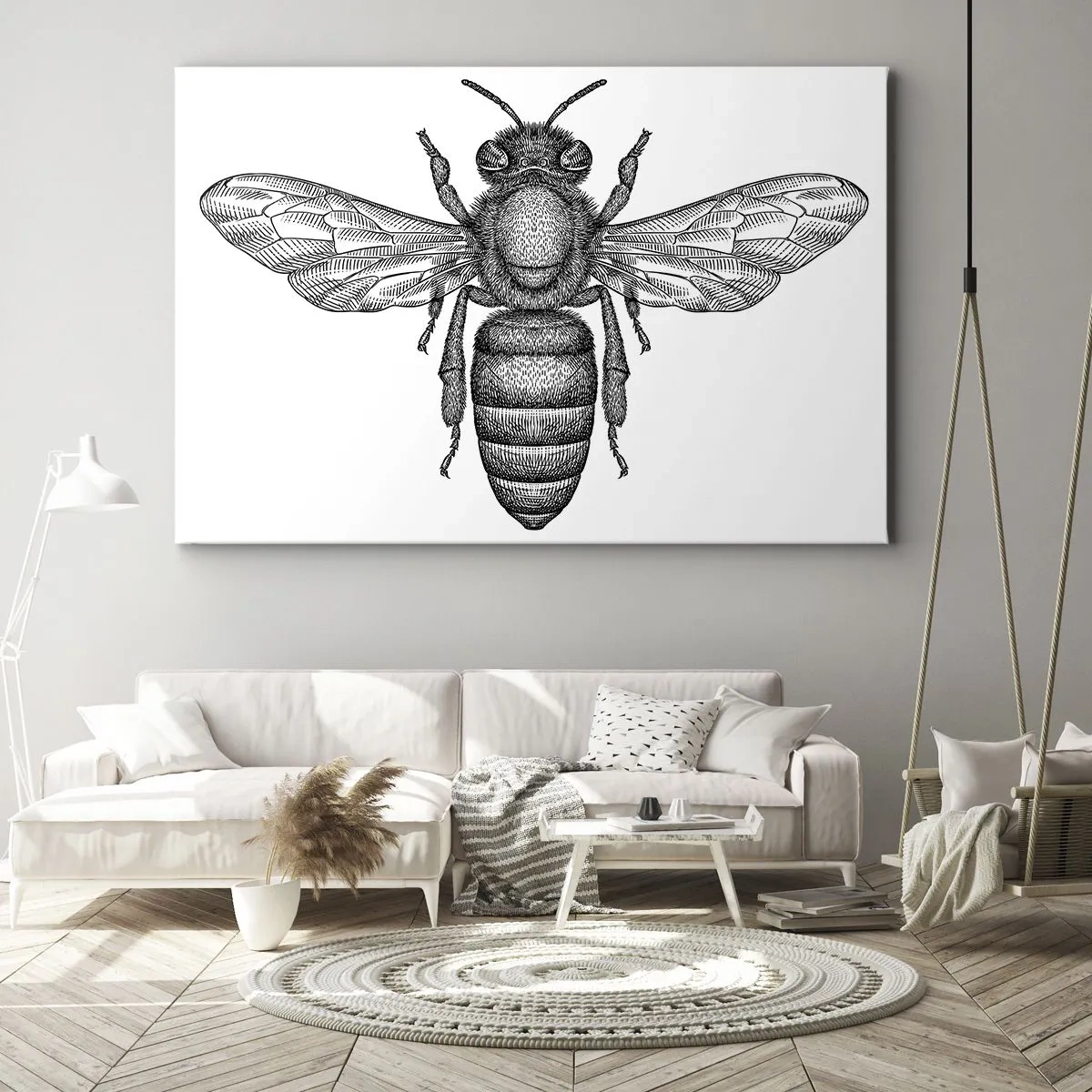 Tablou pe pânză Canvas - Un motiv de albină de desene animate pe fundal alb, în stil minimalist. - 70x50cm - Portret de insectă - Decorațiune modernă pentru perete pentru living și dormitor ARTTOR