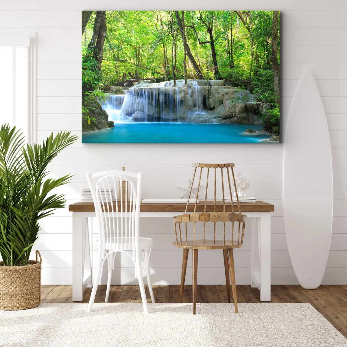 Tablou pe pânză Canvas - O cascadă printre copaci verzi cu apă albastră într-un cadru natural - 70x50cm - Scufundat în turcoaz și verde - Decorațiune modernă pentru perete pentru living și dormitor ARTTOR