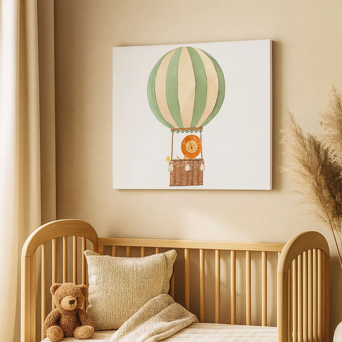 Tablou pe pânză Canvas - Un balon cu un leu zâmbitor într-un coș în culori pastelate - 70x50cm - Călătoriile lui Leon - Decorațiune modernă pentru perete pentru living și dormitor ARTTOR