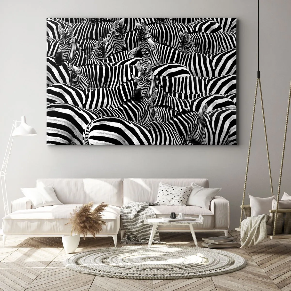 Tablou pe pânză Canvas - Un grup de zebre cu dungi albe și negre creând un model de simetrie. - 70x50cm - Portret de grup cu dungi - Decorațiune modernă pentru perete pentru living și dormitor ARTTOR