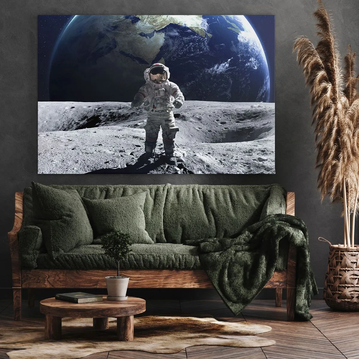 Tablou pe pânză Canvas - Astronautul pe suprafața Lunii cu Pământul în fundal - 70x50cm - Salutări de pe Lună - Decorațiune modernă pentru perete pentru living și dormitor ARTTOR