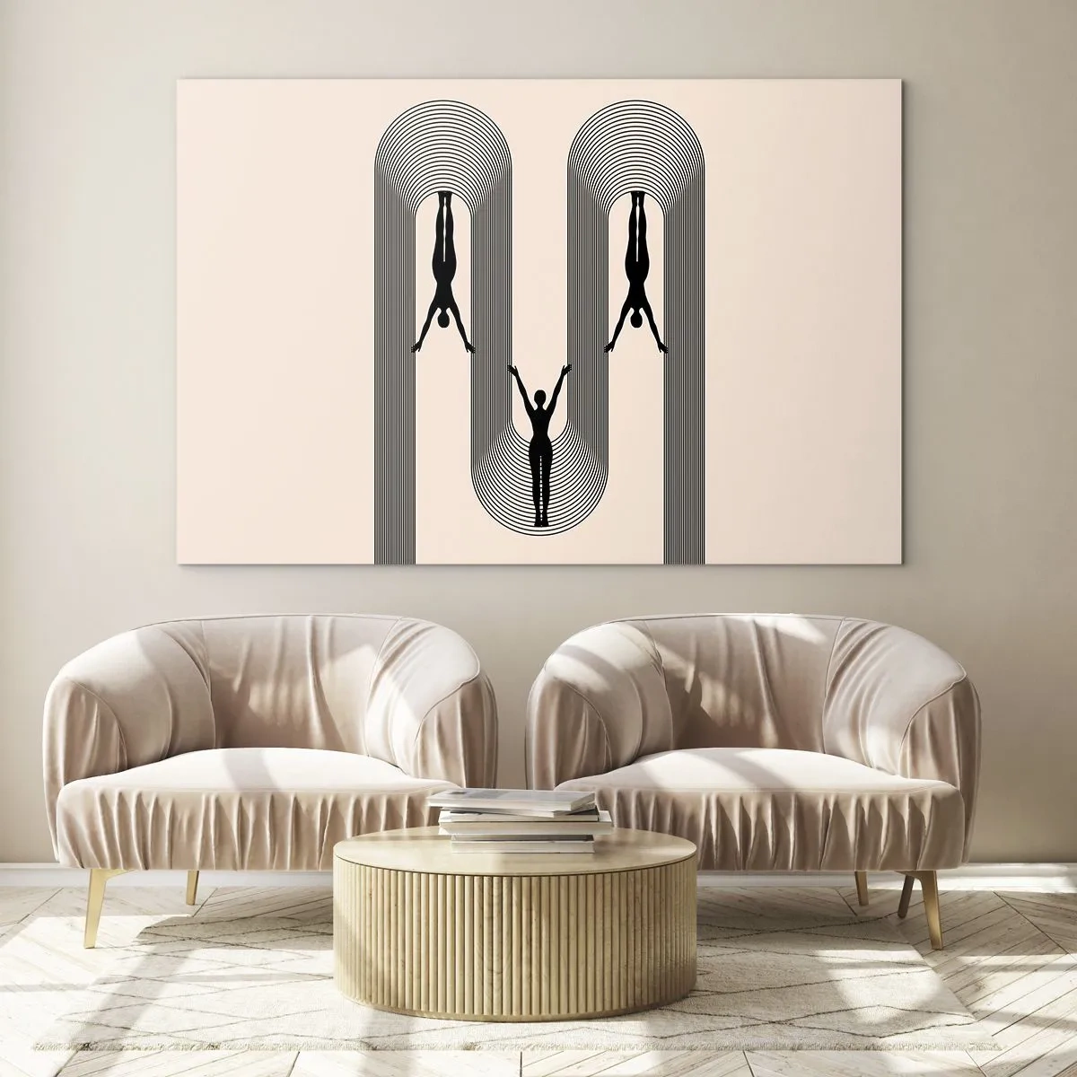 Tablou pe sticlă - Siluete negre ale unor figuri suspendate în arcuri ritmice - 70x50cm - Cu susul în jos - Decorațiune modernă pentru perete pentru living și dormitor ARTTOR