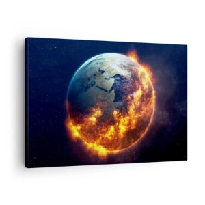 Tablou pe pânză Canvas - Planeta Pământ în flăcări în spațiul cosmic - 70x50cm - Flacăra apocalipsei - Decorațiune modernă pentru perete pentru living și dormitor ARTTOR
