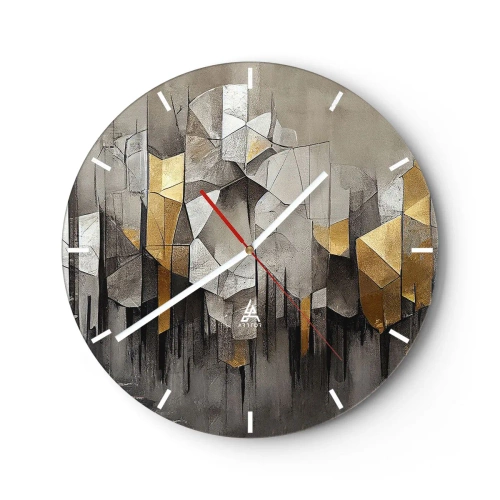 Ceas de perete - Ceas pe sticlă - Structură geometrică cu nuanțe de gri și auriu - 30x30cm - Compoziție de gheață și lumină - Decorațiune modernă pentru perete pentru living, bucătărie și dormitor ARTTOR