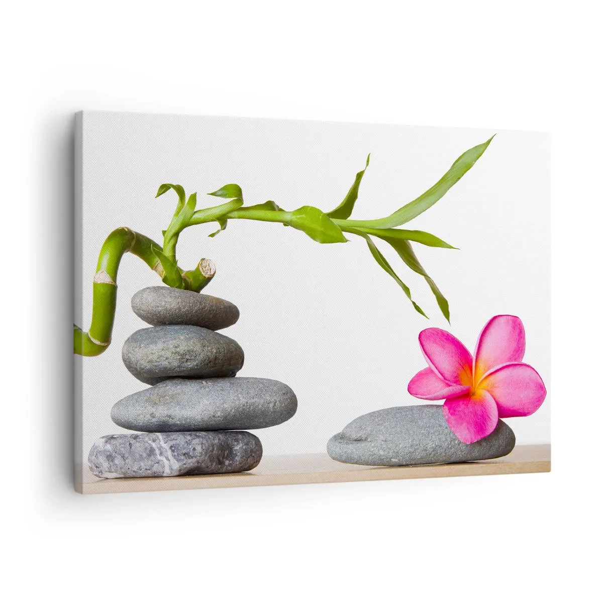 Tablou pe pânză Canvas - Bambus și floare roz pe pietre în stil zen - 70x50cm - Culorile vieții și ale existenței - Decorațiune modernă pentru perete pentru living și dormitor ARTTOR