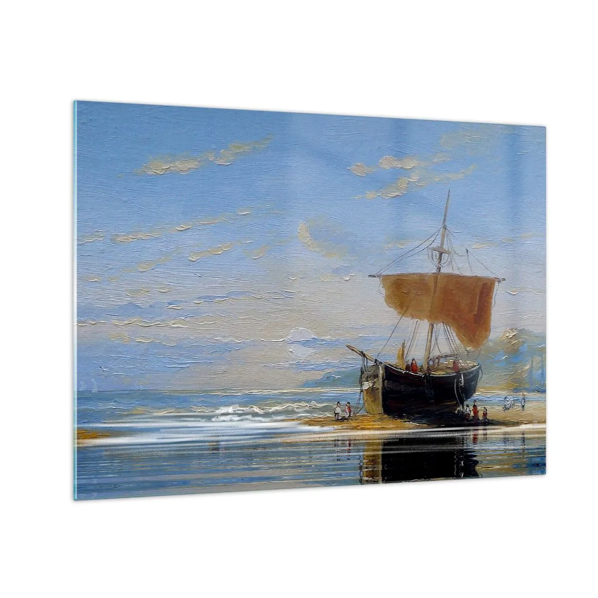 Tablou pe sticlă - O navă cu o velă lângă țărm într-un stil pictural - 70x50cm - Apă, pământ, aer - Decorațiune modernă pentru perete pentru living și dormitor ARTTOR