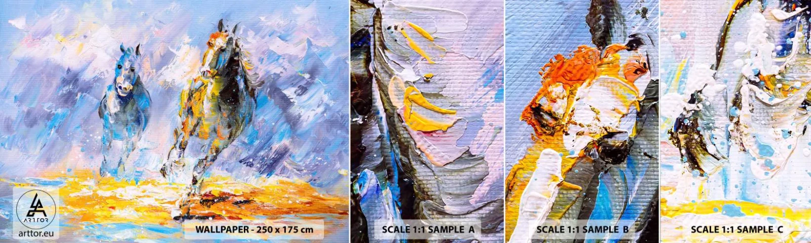 Mostră tapet autocolant Deluxe Sticker - Galopând prin strălucire - Animale, Cai, Impresionism - 100x30 cm