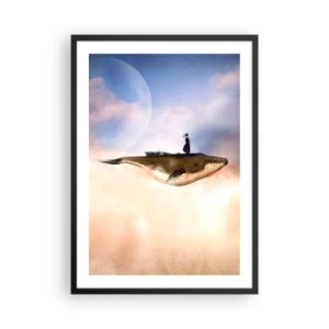 Poster în ramă neagră - O pictură suprarealistă a unei femei călare pe o balenă printre nori. - 50x70cm - O călătorie suprarealistă - Decorațiune modernă pentru perete pentru living și dormitor ARTTOR
