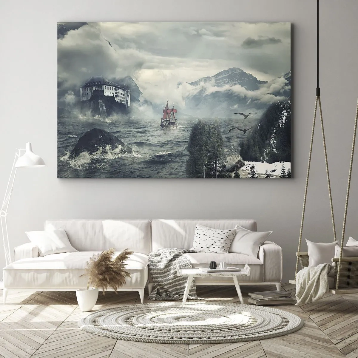 Tablou pe pânză Canvas - Un peisaj misterios cu un castel, munți și o navă - 70x50cm - Pe ape magice - Decorațiune modernă pentru perete pentru living și dormitor ARTTOR