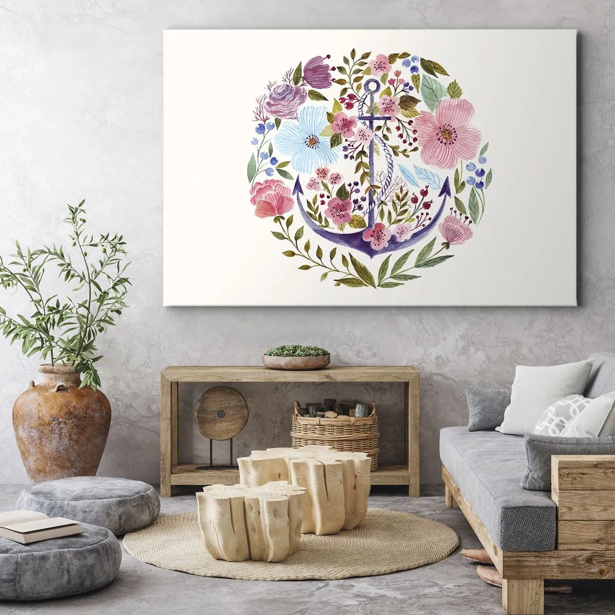 Tablou pe pânză Canvas - O ancoră înconjurată de flori în acuarelă pe un fundal deschis - 70x50cm - Somnul bun al marinarului - Decorațiune modernă pentru perete pentru living și dormitor ARTTOR