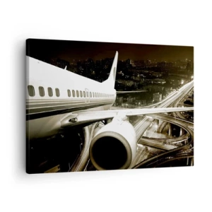 Tablou pe pânză Canvas - Un avion deasupra unui oraș nocturn cu autostrăzi iluminate - 70x50cm - Zbor în noapte - Decorațiune modernă pentru perete pentru living și dormitor ARTTOR