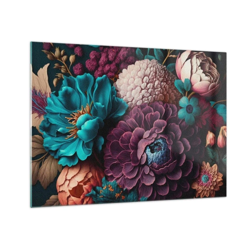 Tablou pe sticlă - O compoziție bogată de flori în culori intense - 70x50cm - Natura în abundență - Decorațiune modernă pentru perete pentru living și dormitor ARTTOR
