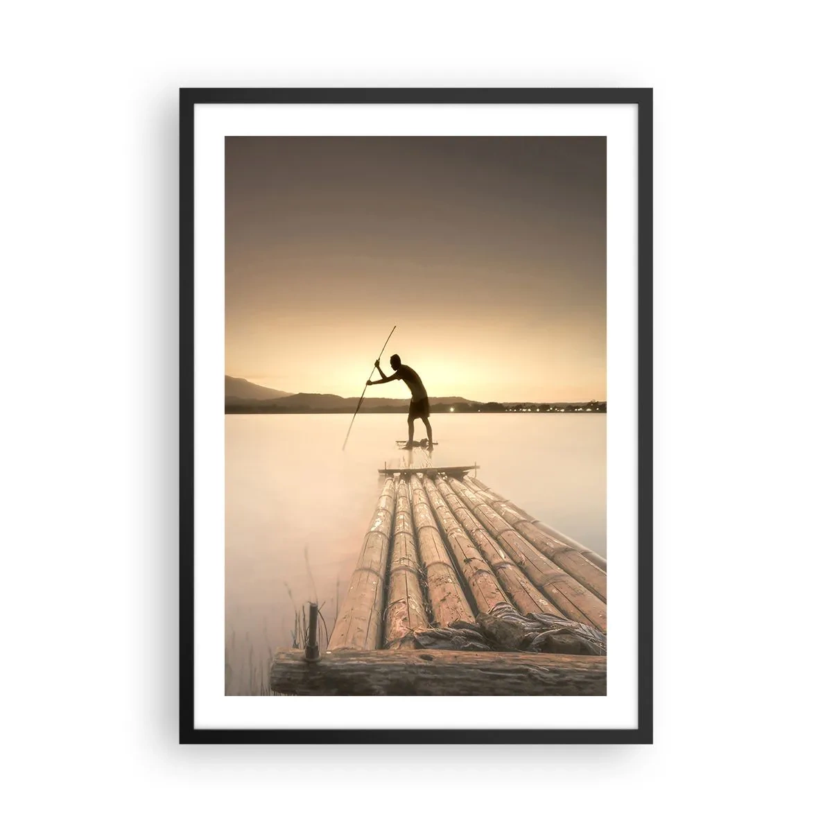 Poster în ramă neagră - figură pe o plută de bambus la apus - 50x70cm - Înainte de odihnă - Decorațiune modernă pentru perete pentru living și dormitor ARTTOR