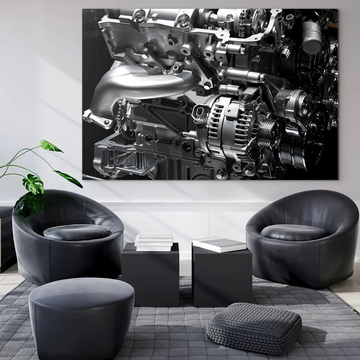 Tablou pe sticlă - Detalii ale unui motor metalic pe fundal negru - 70x50cm - De oțel, frumos, puternic - Decorațiune modernă pentru perete pentru living și dormitor ARTTOR