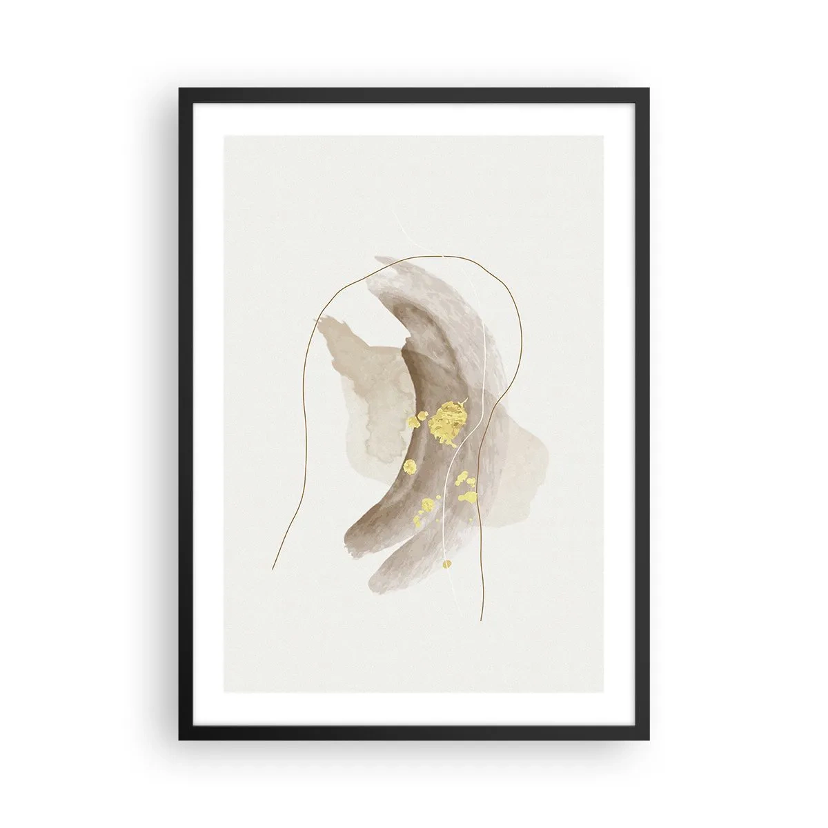 Poster în ramă neagră - Un model abstract bej cu accente aurii delicate. - 50x70cm - Întâlnite în spațiu - Decorațiune modernă pentru perete pentru living și dormitor ARTTOR