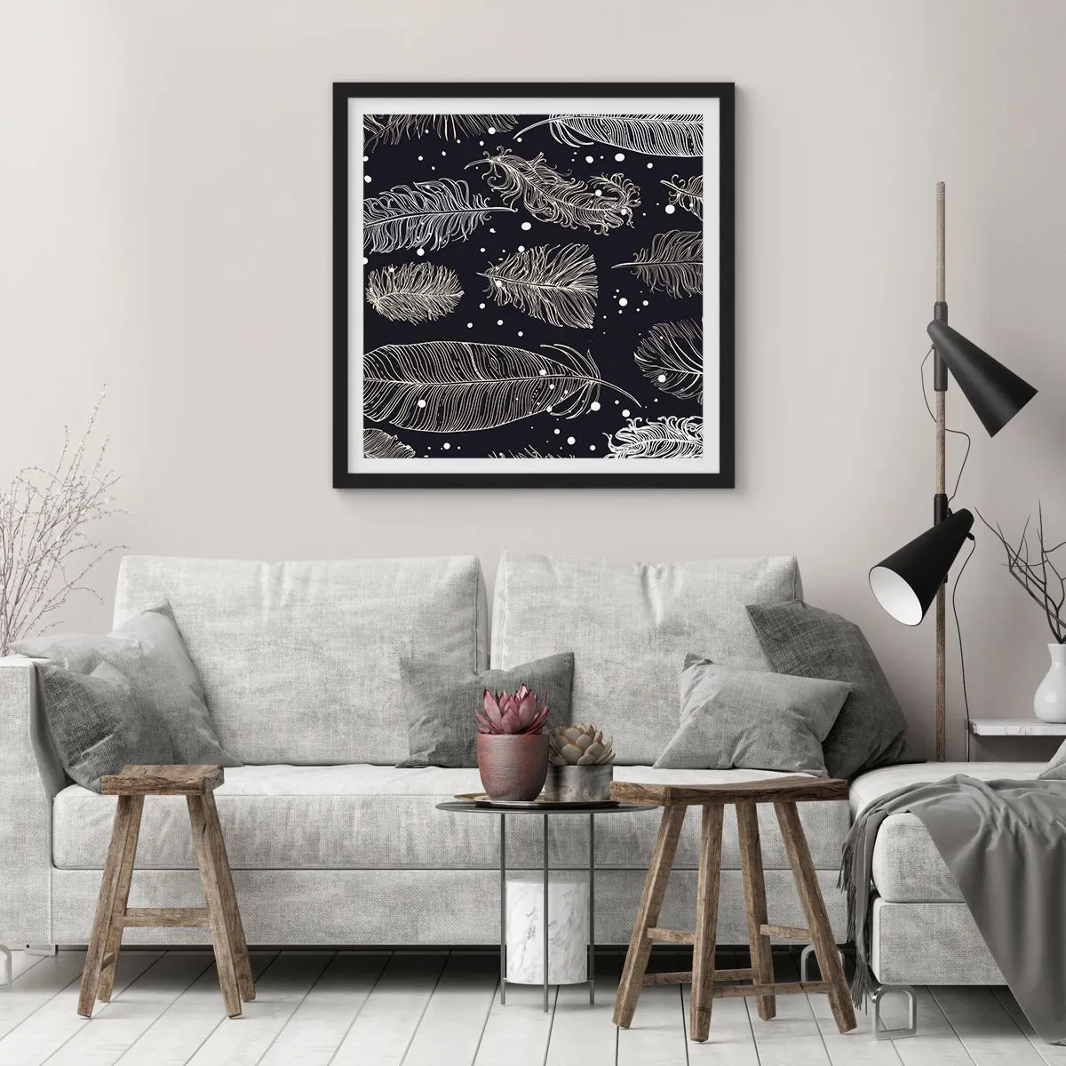 Poster în ramă neagră - Dantelă cu pene - 50x50 cm