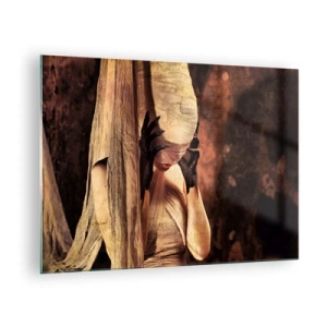 Tablou pe sticlă - O femeie misterioasă înconjurată de țesături aurii - 70x50cm - Între bine și rău - Decorațiune modernă pentru perete pentru living și dormitor ARTTOR