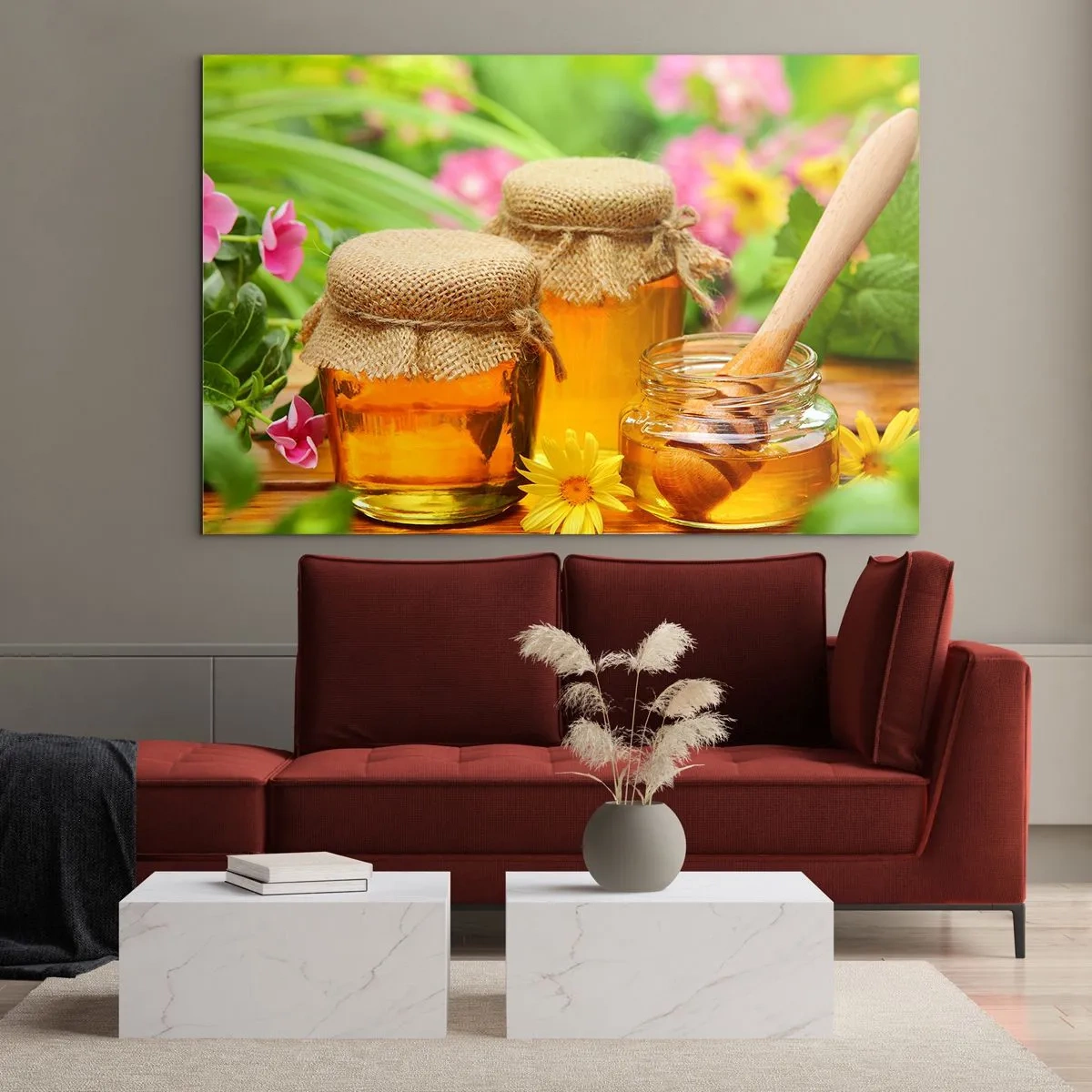 Tablou pe sticlă - Borcane de miere pe un fundal de flori în grădină - 70x50cm - Dulce și florală - Decorațiune modernă pentru perete pentru living și dormitor ARTTOR