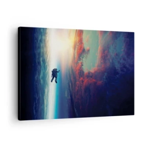 Tablou pe pânză Canvas - Un astronaut plutind în spațiu deasupra unui Pământ colorat - 70x50cm - Provocând universul - Decorațiune modernă pentru perete pentru living și dormitor ARTTOR