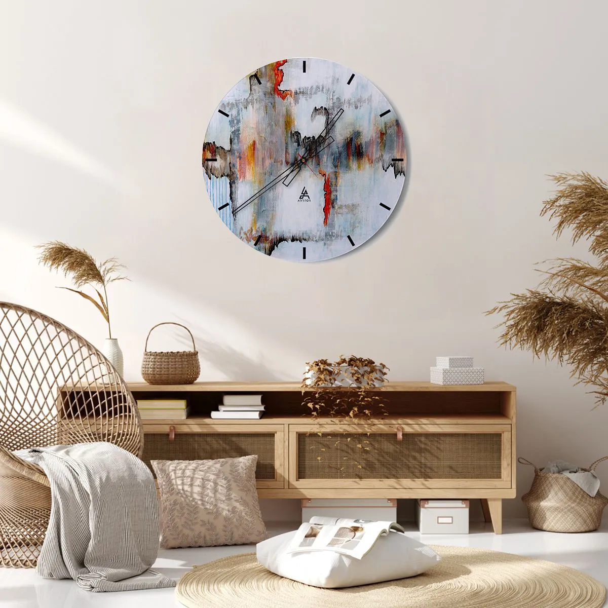 Ceas de perete - Ceas pe sticlă - compoziție abstractă în culori strălucitoare cu accente intense. - 30x30cm - Cu bățul pe apă - Decorațiune modernă pentru perete pentru living, bucătărie și dormitor ARTTOR