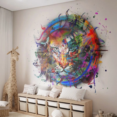 Tapet Standard Eco - Ascunzându-se în spatele voalului curcubeu - Abstracția, Tigru, Grafică - 200x140 cm