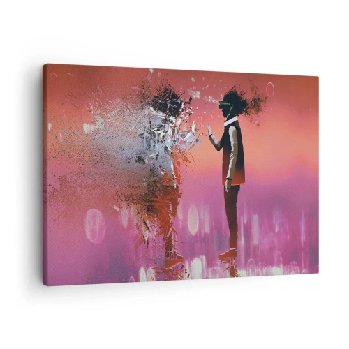 Tablou pe pânză Canvas - O scenă abstractă cu o figură futuristă și elemente împrăștiate. - 70x50cm - Este posibil să privești în interiorul tău? - Decorațiune modernă pentru perete pentru living și dormitor ARTTOR