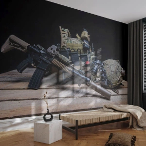 Tapet Premium Sand - Pe loc repaus! - Militar, Puşcă, Armă - 250x175 cm